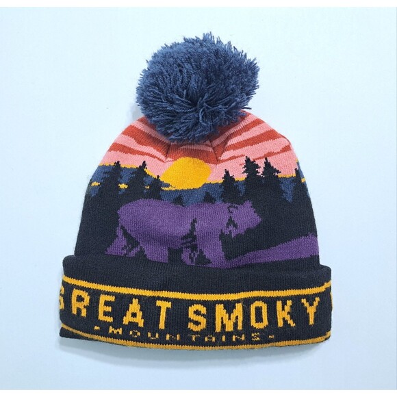 Great Smoky Mountains Beanie Hat Ski Bear Forest Pom Pom One Size Fits Most - Picture 2 of 4